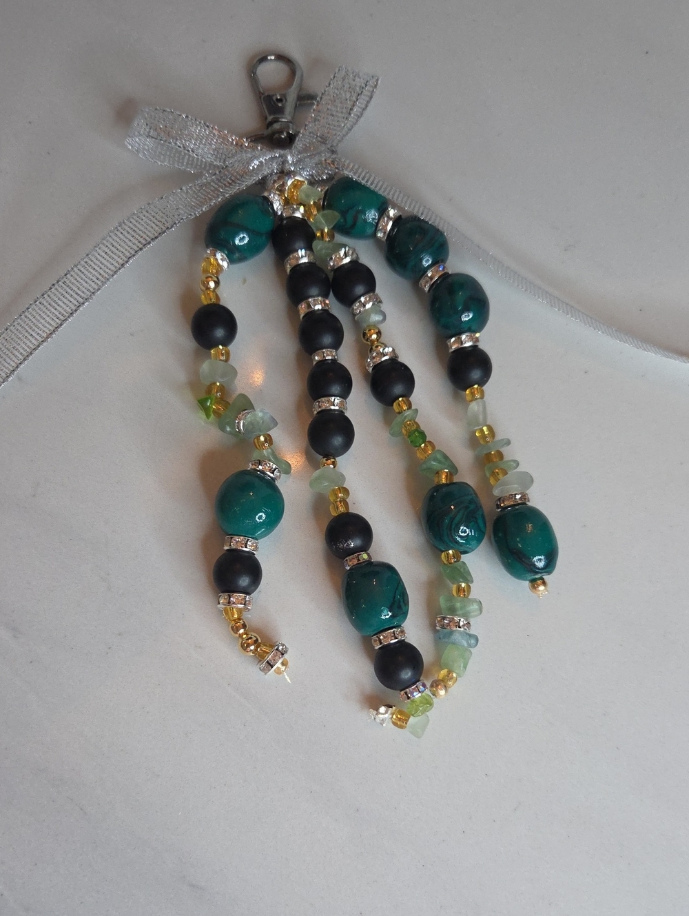 Handmade Green and Black Beaded Stone And Wood Bag Charm